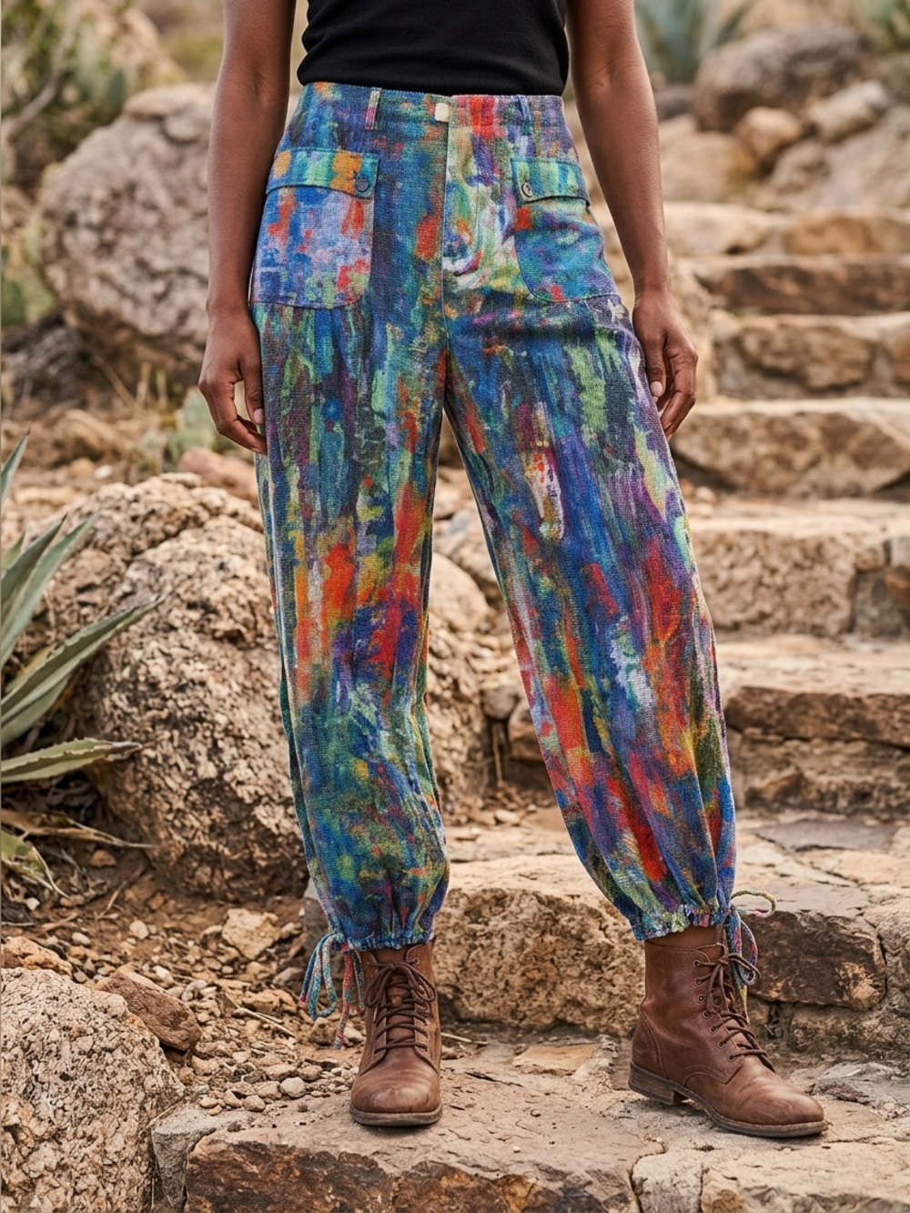 NWT DAVI & DANI Abstract Printed Denim Wide Adjustable Balloon Bottom Pants